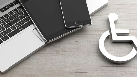 Laptop, Smartsphone, Pad, Symbol eines Rollstuhlfahrers