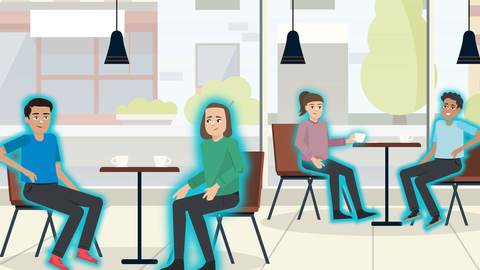 Grafik zeigt Menschen sitzend auf Stühlen in einem Raum. Teaserbild für den Erklärfilm ohne Sprache zum Thema Corona-Impfung.