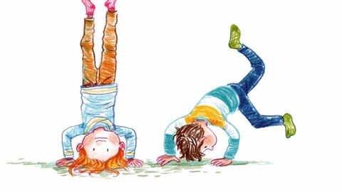 Illustration aus dem Buch "Du bist mein Freund weil ...": Zwei Kinder probieren einen Kopfstand
