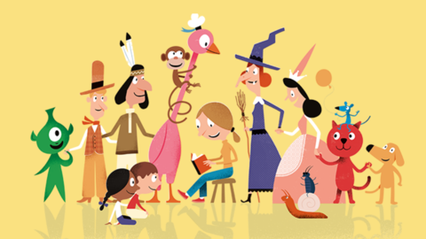 Illustration: Eine Frau liest zwei Kindern aus einem Buch vor und ist von Märchenfiguren umgeben