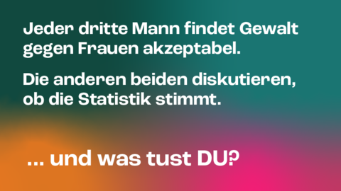 Kampagnenmotiv 1 „GEWALT GEGEN FRAUEN“: Im Hintergrund stehen verwischte Farbflächen in Grün, Petrol, Orange und Magenta.  Davor in zwei Absätzen die Aussage in Weiß: „Jeder dritte Mann findet Gewalt gegen Frauen akzeptabel.“ und „Die anderen beiden diskutieren, ob die Statistik stimmt.“ Darunter groß die Frage und Aufforderung „…und was tust DU?“