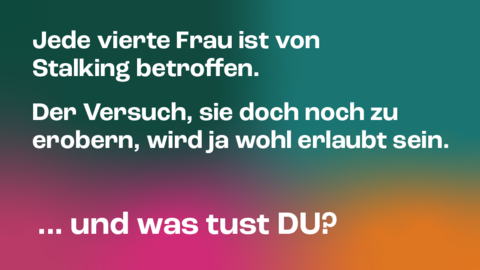 Kampagnenmotiv 6 „STALKING“ Kampagnenmotiv 6 „STALKING“: Im Hintergrund stehen verwischte Farbflächen in Grün, Petrol, Orange und Magenta. Davor in zwei Absätzen die Aussage in Weiß: „Jede vierte Frau ist von Stalking betroffen.“ und „Der Versuch, sie doch noch zu erobern, wird ja wohl erlaubt sein.“ Darunter groß die Frage und Aufforderung „…und was tust DU?“