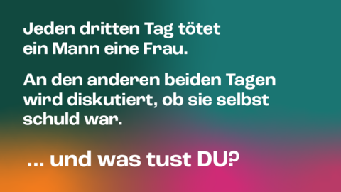Kampagnenmotiv 3 „FEMIZID“ Kampagnenmotiv 3 „FEMIZID“: Im Hintergrund stehen verwischte Farbflächen in Grün, Petrol, Orange und Magenta. Davor in zwei Absätzen die Aussage in Weiß: „Jeden dritten Tag töten ein Mann seine Frau.“ und „An den anderen beiden Tagen wird diskutiert, ob sie selbst schuld war.“ Darunter groß die Frage und Aufforderung „…und was tust DU?“