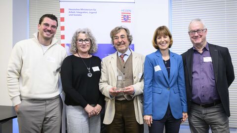 Das Engagement-Team der Philipp-Kraft-Stiftung Eltville: Julian Zell, Gabriele Roncarati, Rolf Lang, Frau Staatsministerin und Ulrich Bachmann 