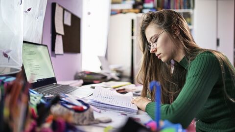 Junge Lehrerin zuhause im Arbeitszimmer 