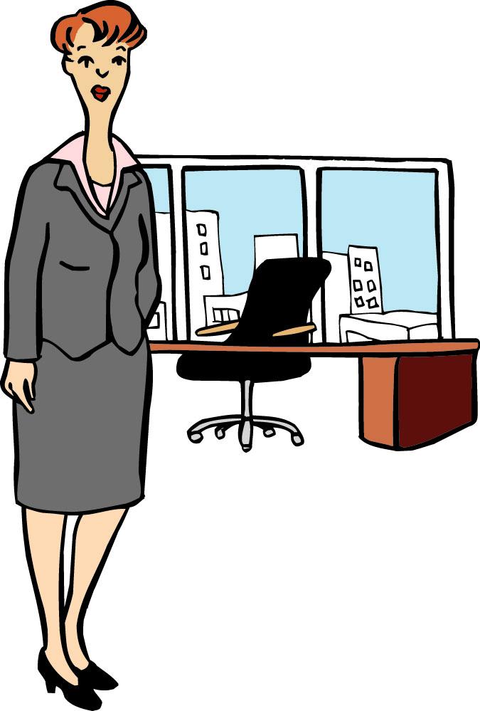 Eine Frau auf der Arbeit Eine Frau steht vor einem Schreibtisch.