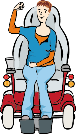 Eine Frau in einem Elektro-Roll-Stuhl zeigt ihren starken Arm.